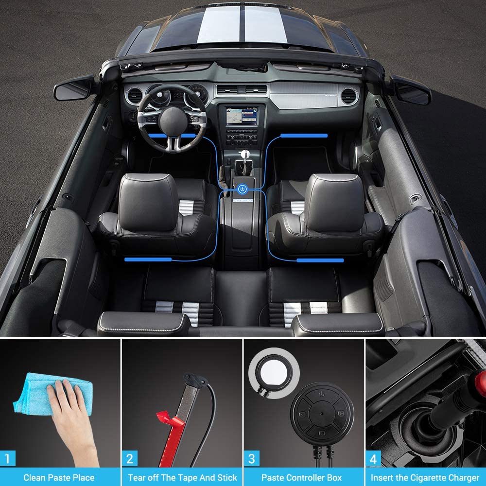 Kit Luce Ambientale LED RGB Per Interni Auto - 4 Strisce Con Controllo Bluetooth E App, Modalità Musicale