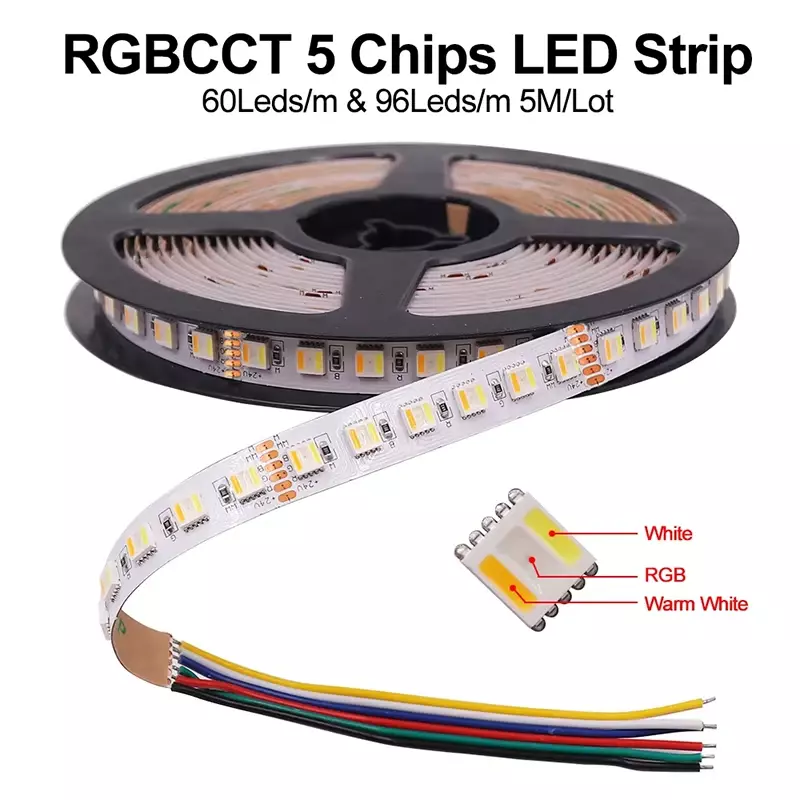 5050 RGB+CCT 3000K 4000K 6000K Tunable White 5-in-1 DC 24V Cuttable CRI90 96leds/m 12mm Width LED Strip Tape Light