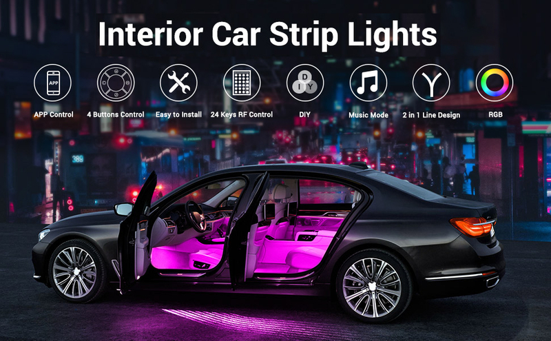  Interior Car Lights with APP & Remote Control & 4 Buttons Control 2 in 1 Design 4pcs 48 LEDs Car LED Strip Lights Multicolor Music Lighting Kit Under Dash Car Lighting Sync to Music DC 12V
