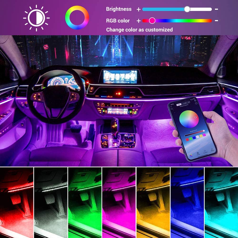  Interior Car Lights with APP & Remote Control & 4 Buttons Control 2 in 1 Design 4pcs 48 LEDs Car LED Strip Lights Multicolor Music Lighting Kit Under Dash Car Lighting Sync to Music DC 12V