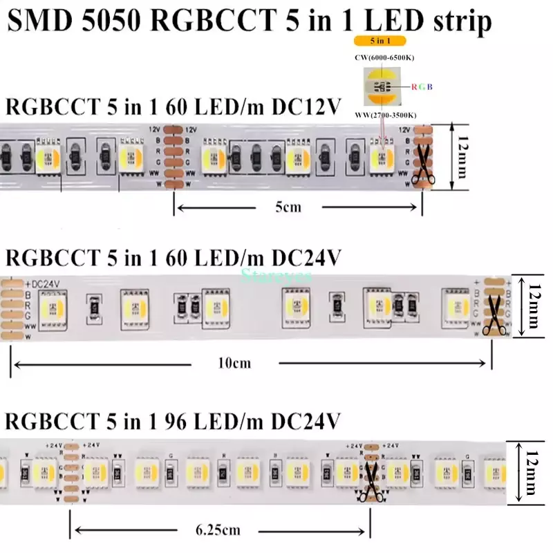 5050 RGB+CCT 3000K 4000K 6000K Tunable White 5-in-1 DC 24V Cuttable CRI90 96leds/m 12mm Width LED Strip Tape Light