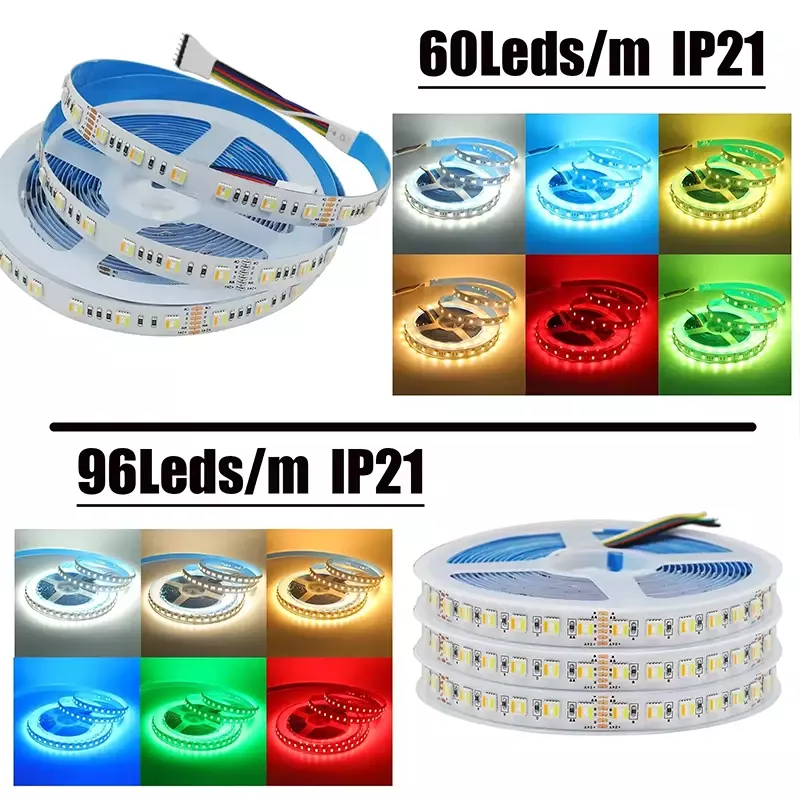 5050 RGB+CCT 3000K 4000K 6000K Tunable White 5-in-1 DC 24V Cuttable CRI90 96leds/m 12mm Width LED Strip Tape Light