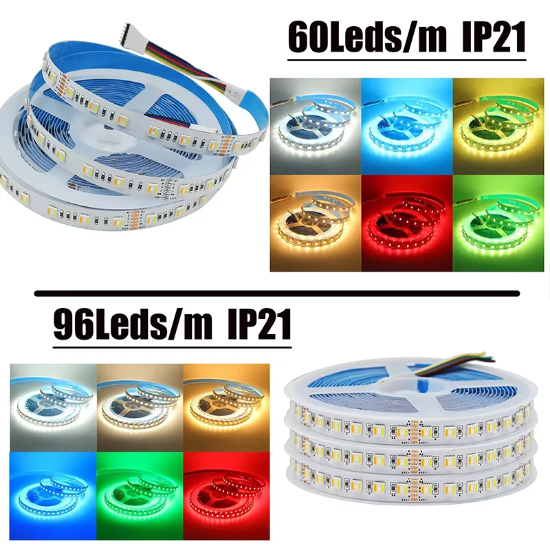 5050 RGB+CCT 3000K 4000K 6000K Tunable White 5-in-1 DC 24V Cuttable CRI90 96leds/m 12mm Width LED Strip Tape Light