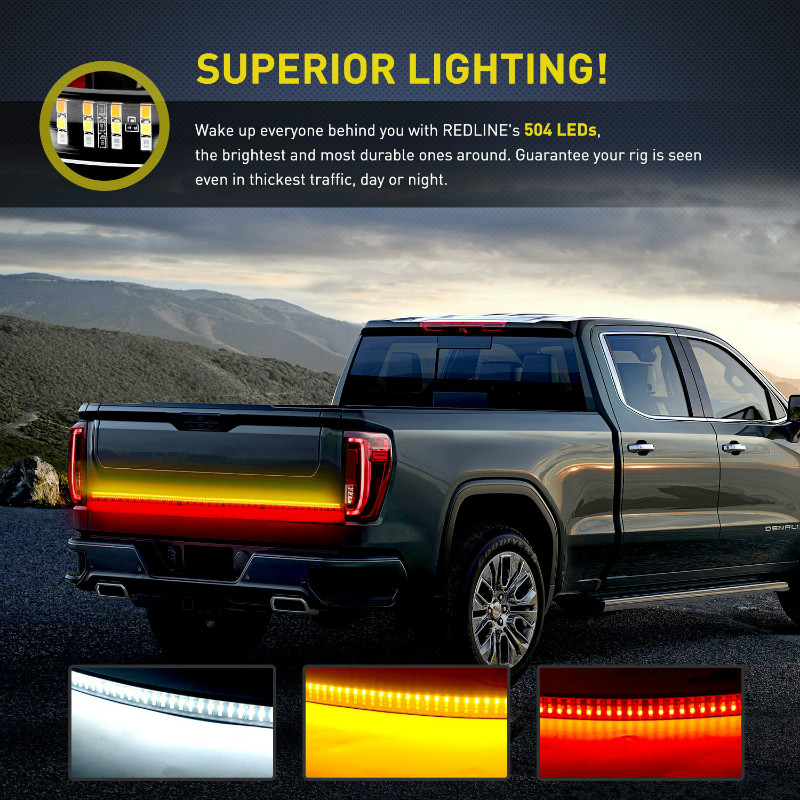 60" Triple 504 LEDs Truck Tailgate Side Bed Light Bar Strip Sequential Amber Brake Running Turn Signal Red/White Reverse