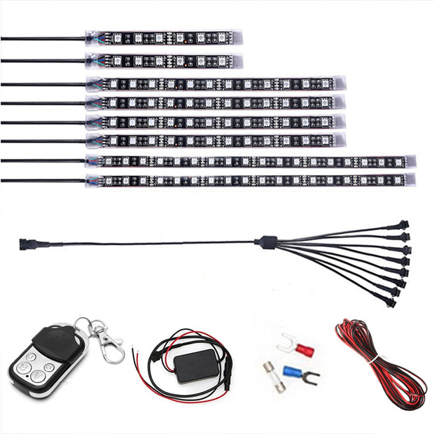 8pcs Motorcycle LED Light Flexible Strip Kit Multi-Color Neon Accent Glow Lights with RF Remote Controller
