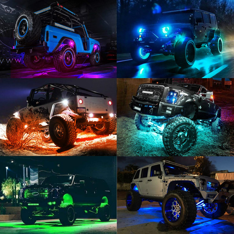 RGB LED Rock Lights with APP RF Control 4 Pods Multicolor Neon Underglow Waterproof Music Lighting Kit for Jeep Off Road Truck Car ATV SUV Motorcycle